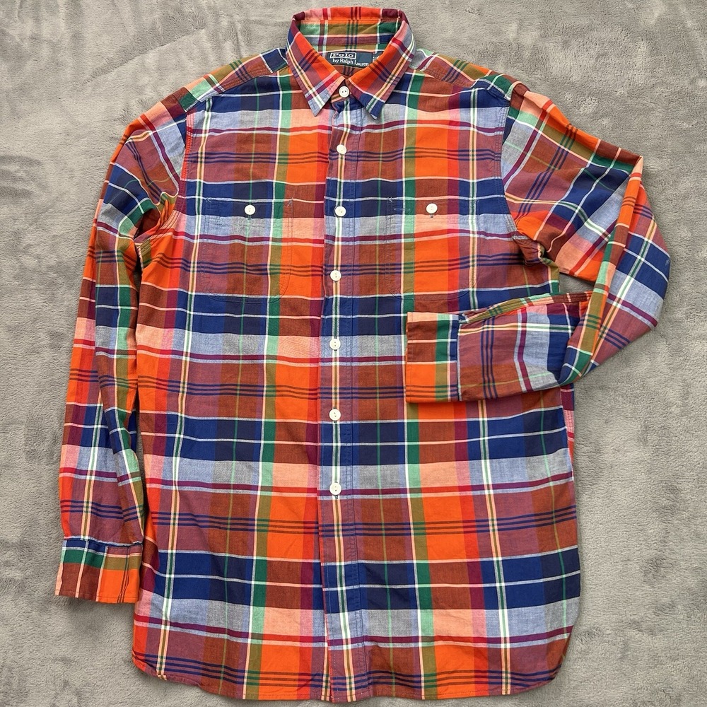 VTG Polo Ralph Lauren Madras Shirt Mens M Orange Blue Plaid Button Up
